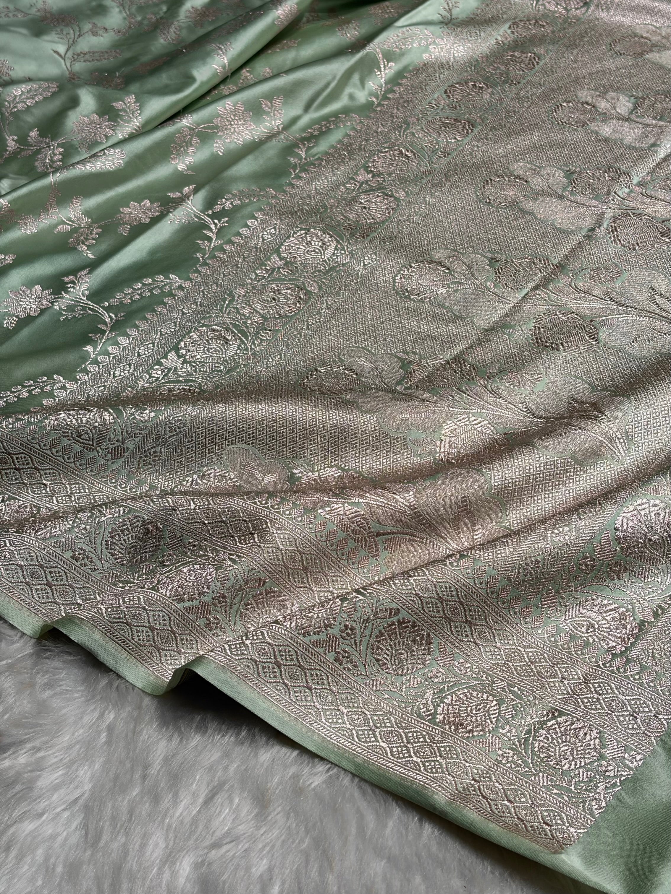 Light Pista Banarasi Jaal Mashru Silk Saree MS23