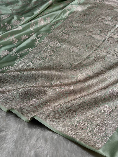 Light Pista Banarasi Jaal Mashru Silk Saree MCS23