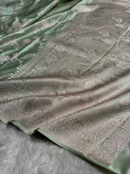 Light Pista Banarasi Jaal Mashru Silk Saree MS23