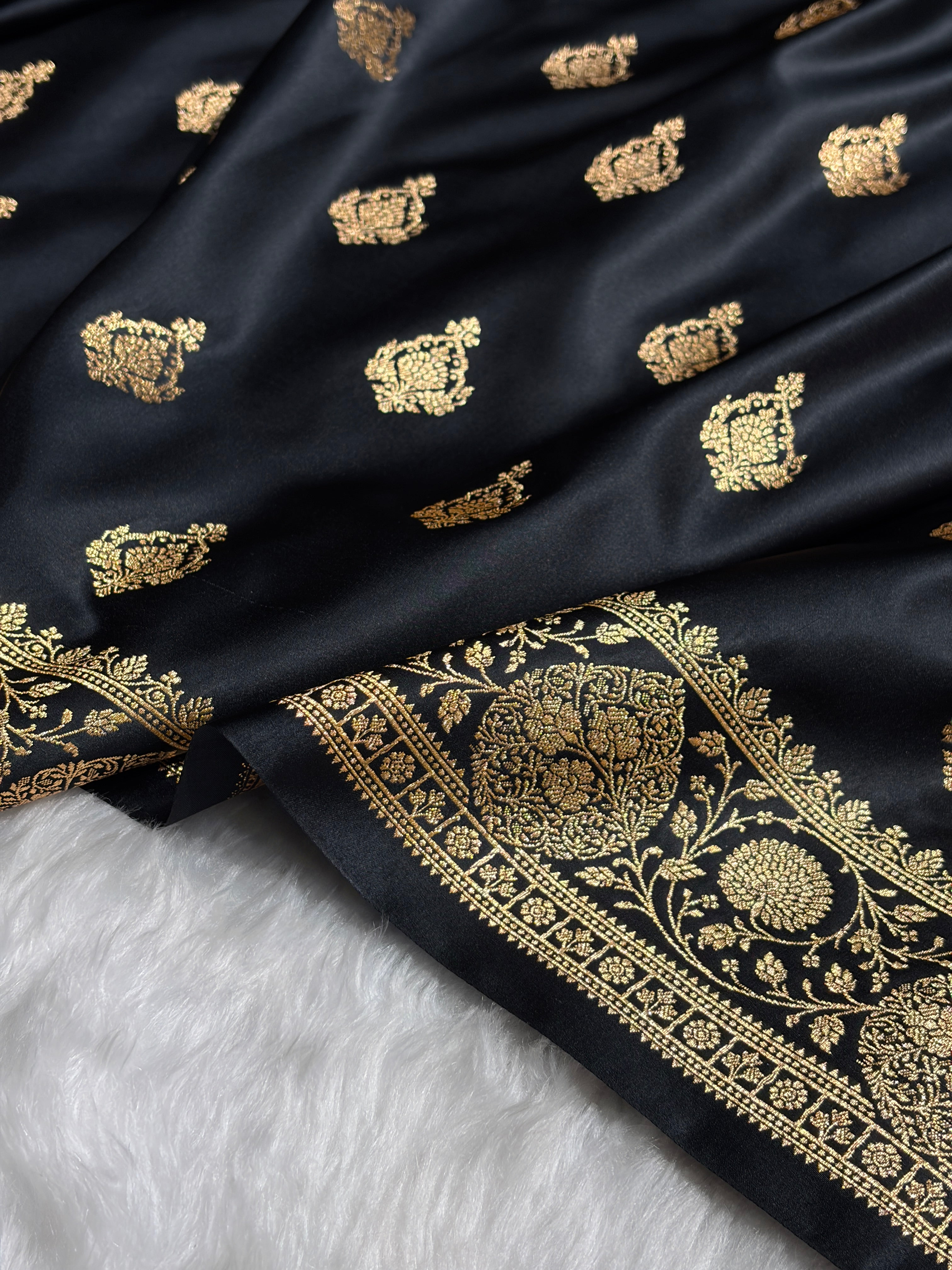 Banarasi Satin Katan Saree With Boota in Black Shades SK98