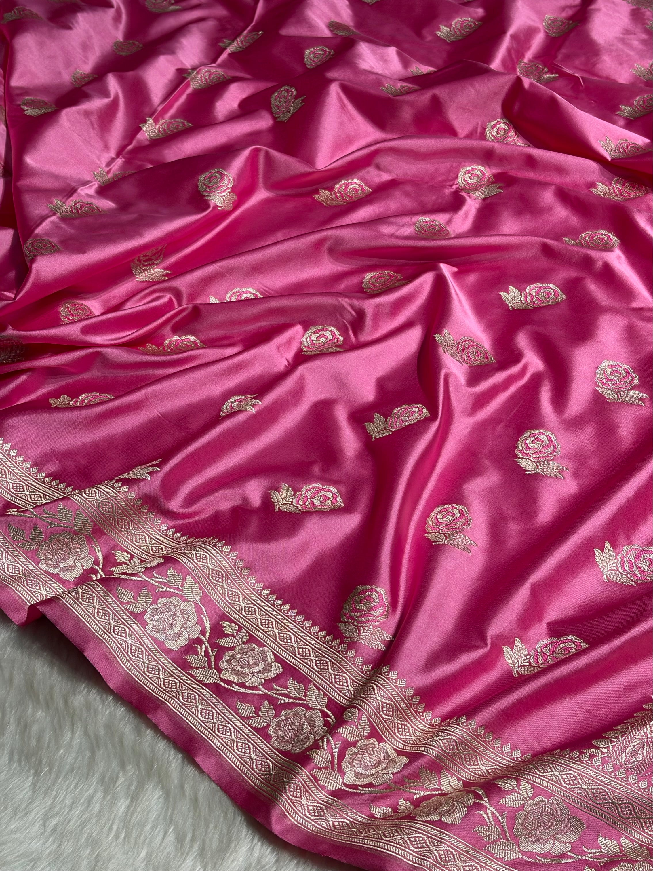 Baby Pink Rose Motif Mashru Silk Saree