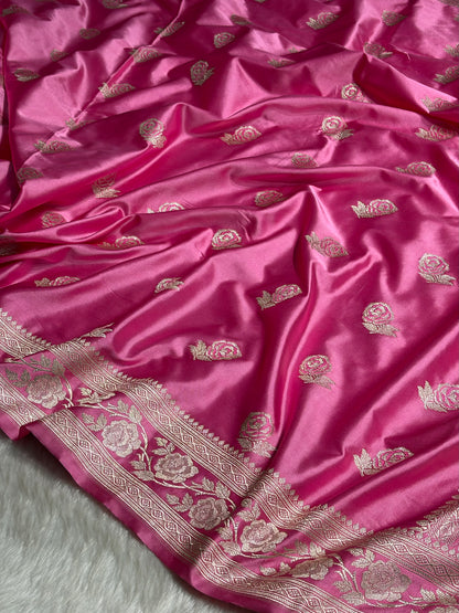 Baby Pink Rose Motif Mashru Silk Saree