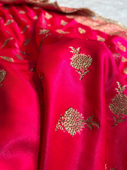 Satin Silk Saree Floral Boota With Swarovski & Gotta Patti Work in Cross Rani Shades BSSGP26