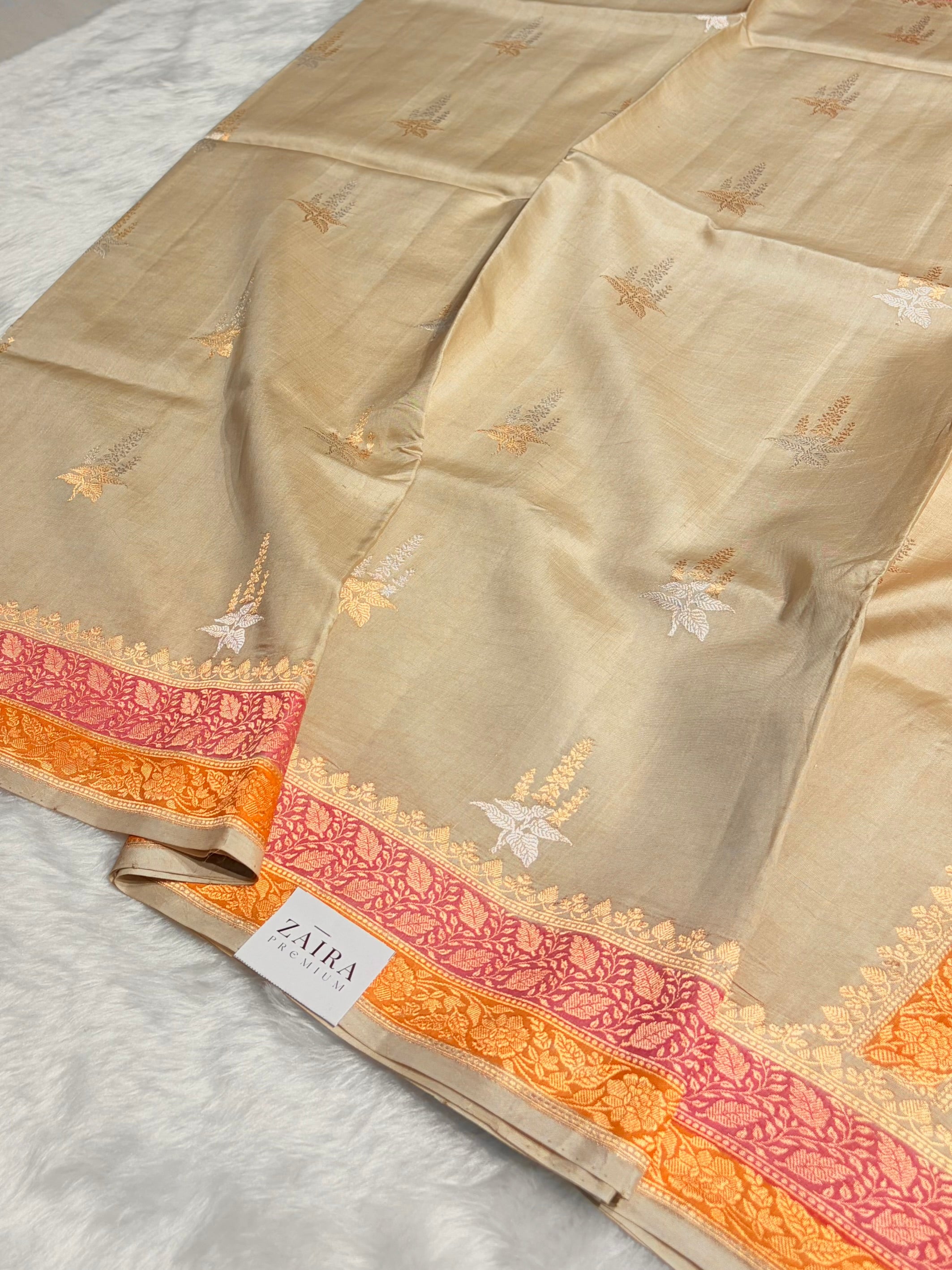 Tusser Shades Meena Boota Handwoven Pure Katan Raw Mango Silk RM-36