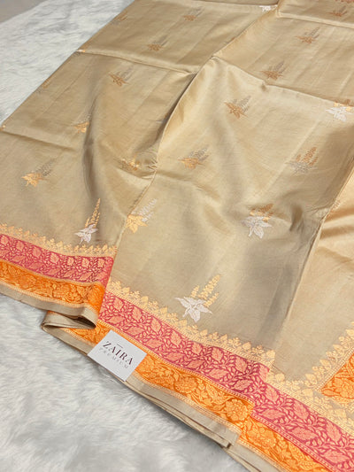 Tusser Shades Contrast Border Meena Boota Handwoven Pure Katan Paper Silk RM-36