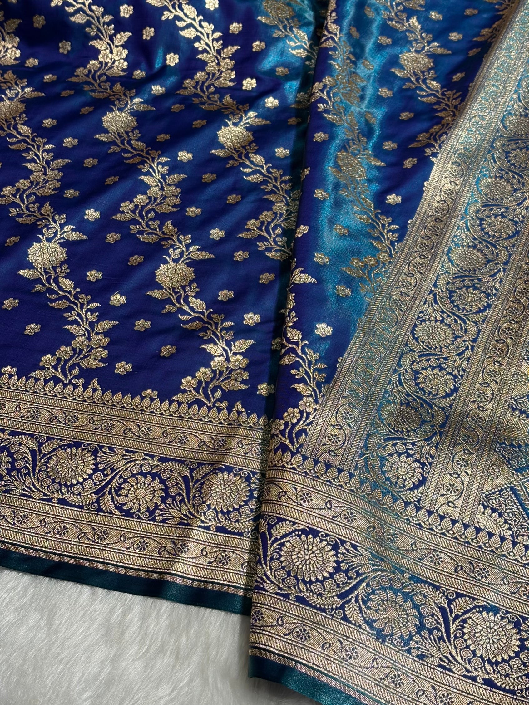 Satin Silk Saree Cross with Booti in Peacock Shades SS24