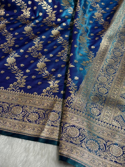 Satin Silk Saree Cross with Booti in Peacock Shades SS24