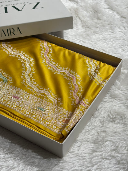 Banarasi Minakari Cross Pattern in Yellow Shades Mashru Silk Saree MCS93