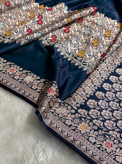 Dark Peacock Shades Banarasi Minakari Boota Skirt Pattern Floral Mashru Silk Saree MSM-116