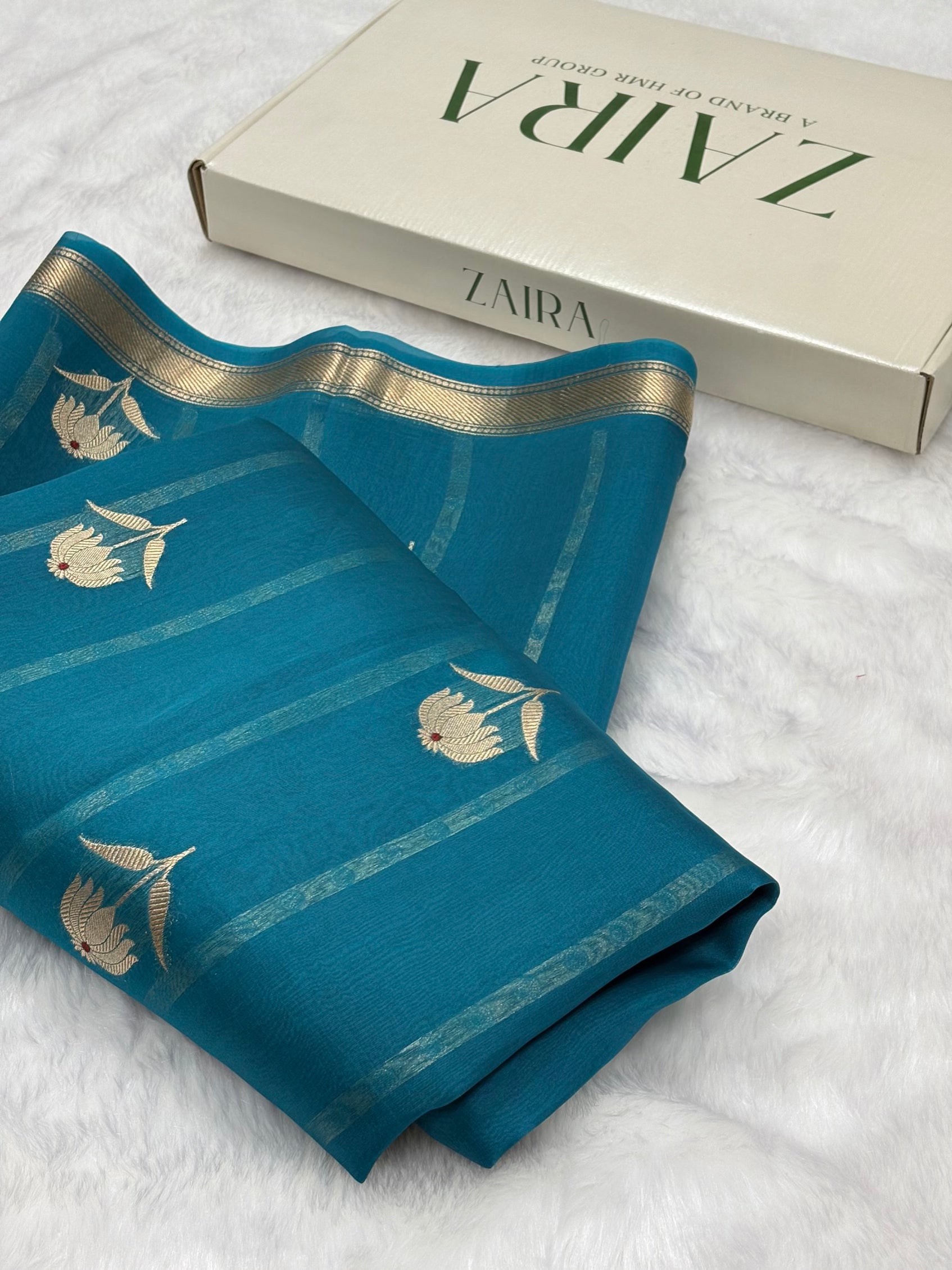 Pure Organza German Blue Meena Floral Banarasi Silk Saree PO-02