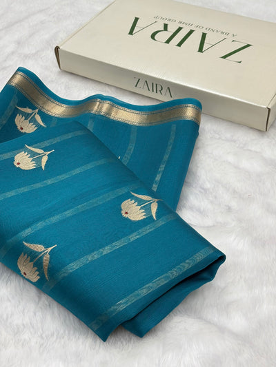 Pure Organza German Blue Meena Floral Banarasi Silk Saree PO-02