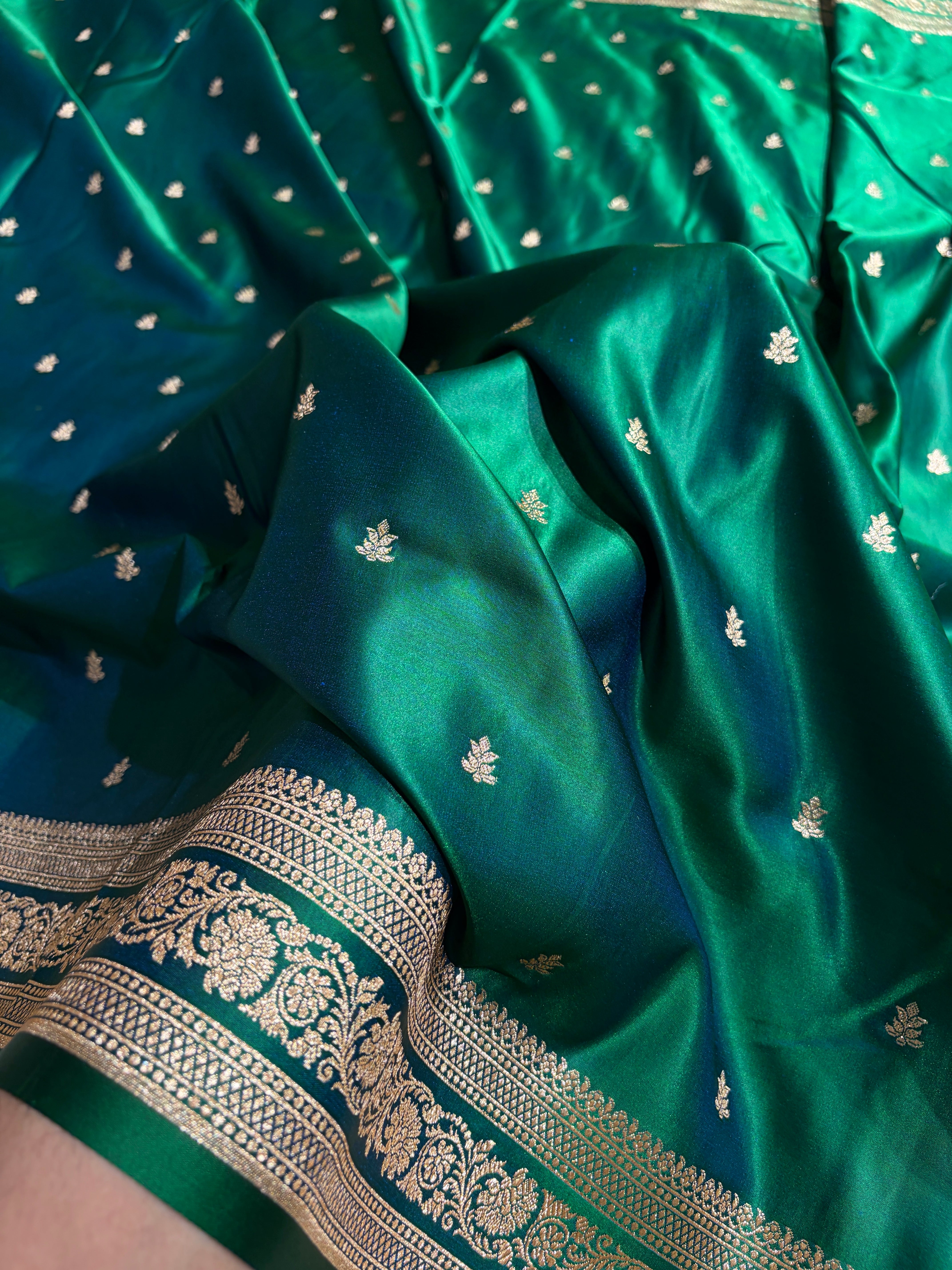 Banarasi Satin Katan Saree With Booti Pattern in Cross Green Shades SK125