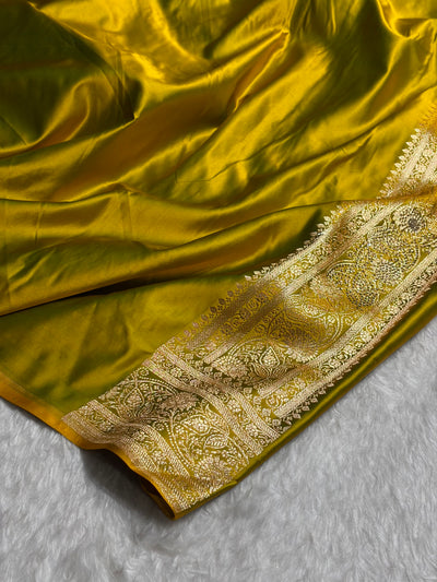 Banarasi Mahndi Booti Pattern With Ari Zardozi Stone Work Satin Katan Silk Saree BSK53