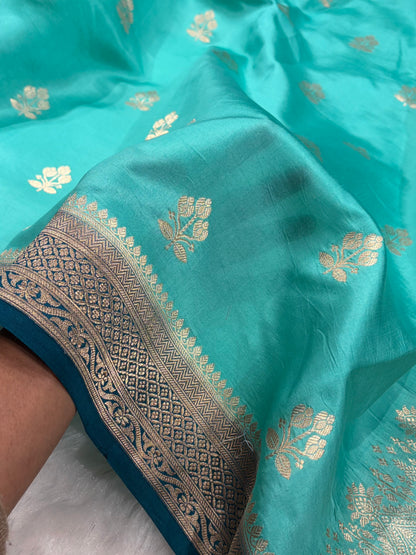 Banarasi Sea Green With Navy Blue Contrast Shades Handwoven Pure Paper Silk Saree RM-88