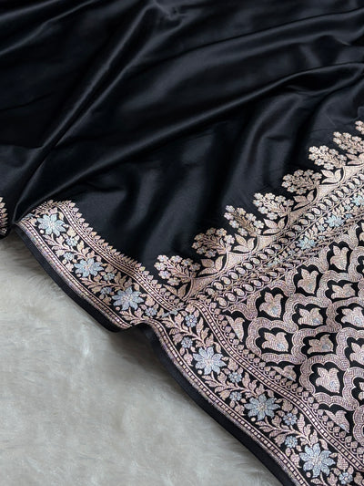 Black Shades Plain Banarasi With Minakari Floral Border Mashru Silk Saree MSM-123