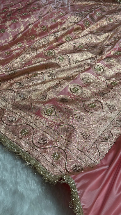 Baby Pink Swavroski & Zardozi Work With Gotta Patti Jaal Pattern Satin Katan Silk Saree BSKGP25