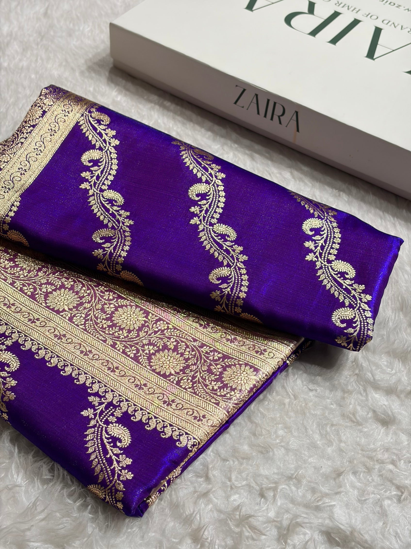Purple Contrast Shades Cross Pattern Banarasi Satin Silk Saree SS39