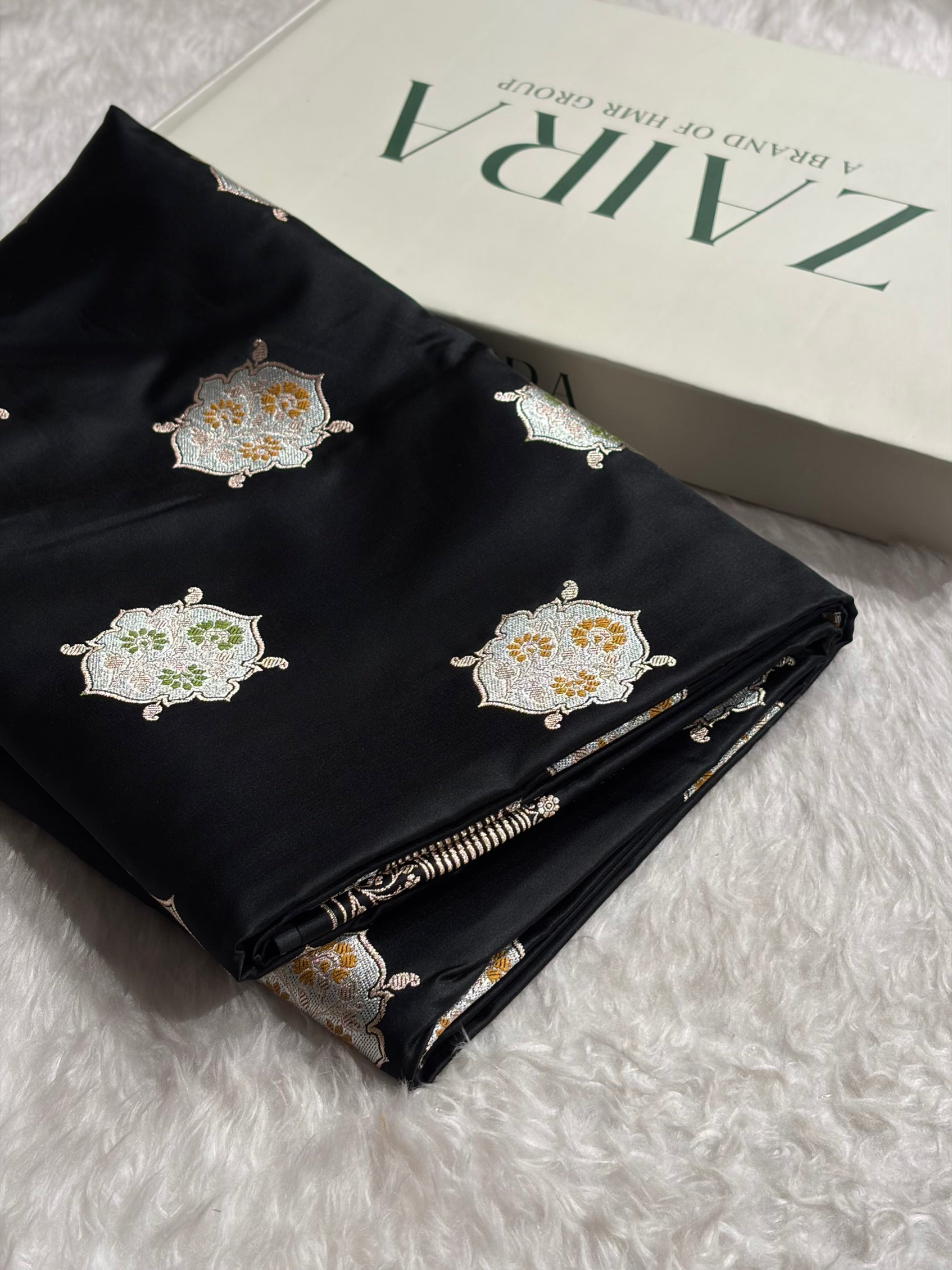 Premium Banarasi Satin Katan Saree Minakari Booti Pattern in Black Shades SK138