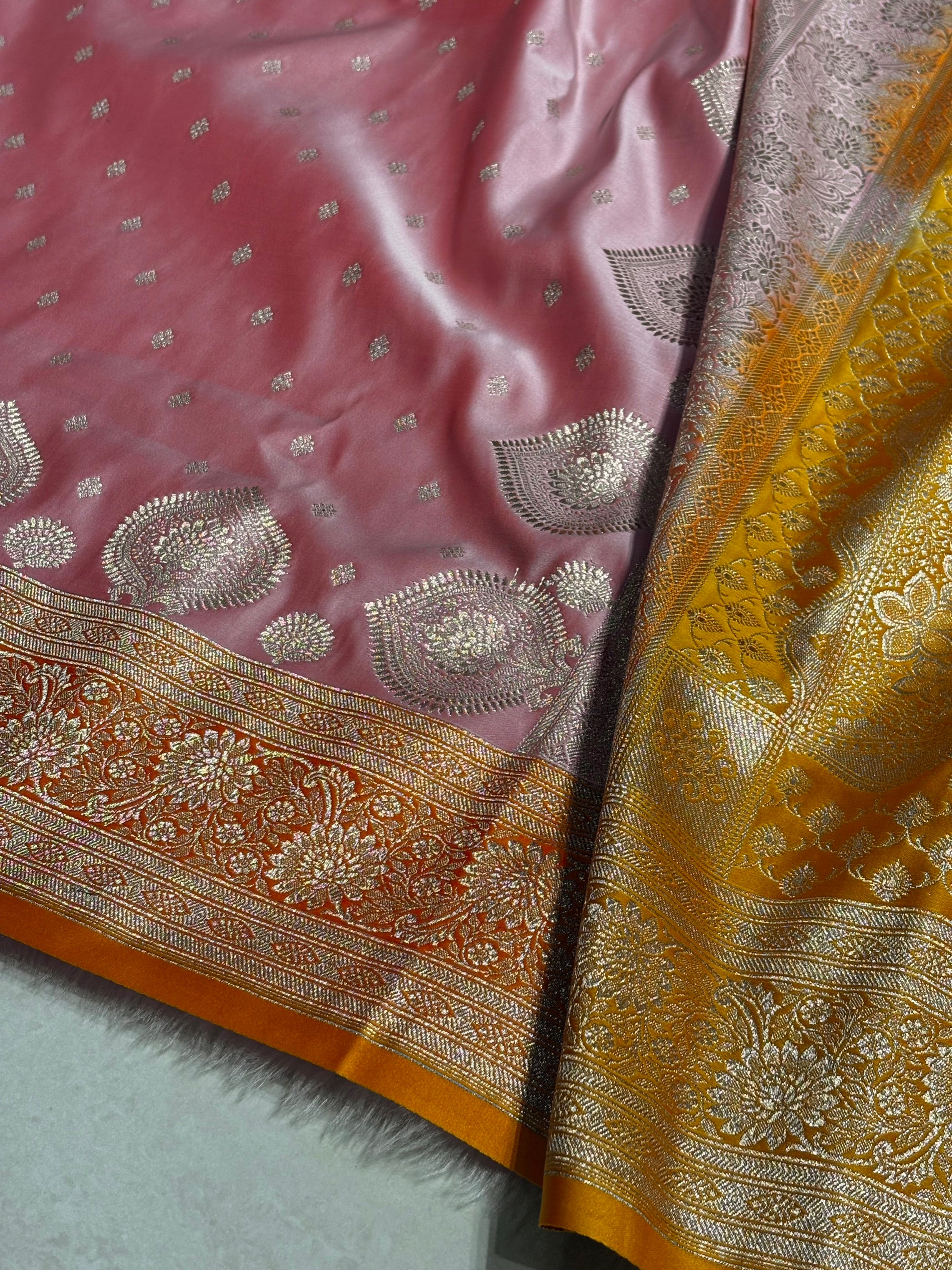 Baby Pink with Mustard Booti Satin Katan Silk saree SK29