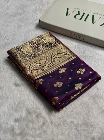 Wine Floral Unique Boota Pattern Satin Katan Silk Saree SK73