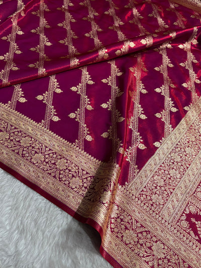 Magnetic Red Shades Cross Pattern Banarasi Satin Silk Saree SS50