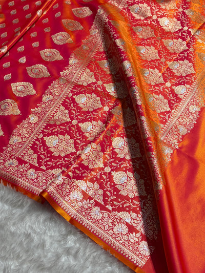 Banarasi Pinkish Orange Shades Minakari Booti Pattern Banarasi Satin Silk Saree SS60