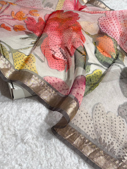 Pastel Grey Organza with Pastel Multicolor Florals & Gold Zari Border POP03