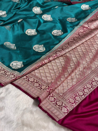 Contrast Rama With Rani Minakari Boota Mashru Silk Saree MS35