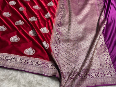 Banarasi Contrast Maroon With Wine Minakari Boota Mashru Silk Saree MCS35