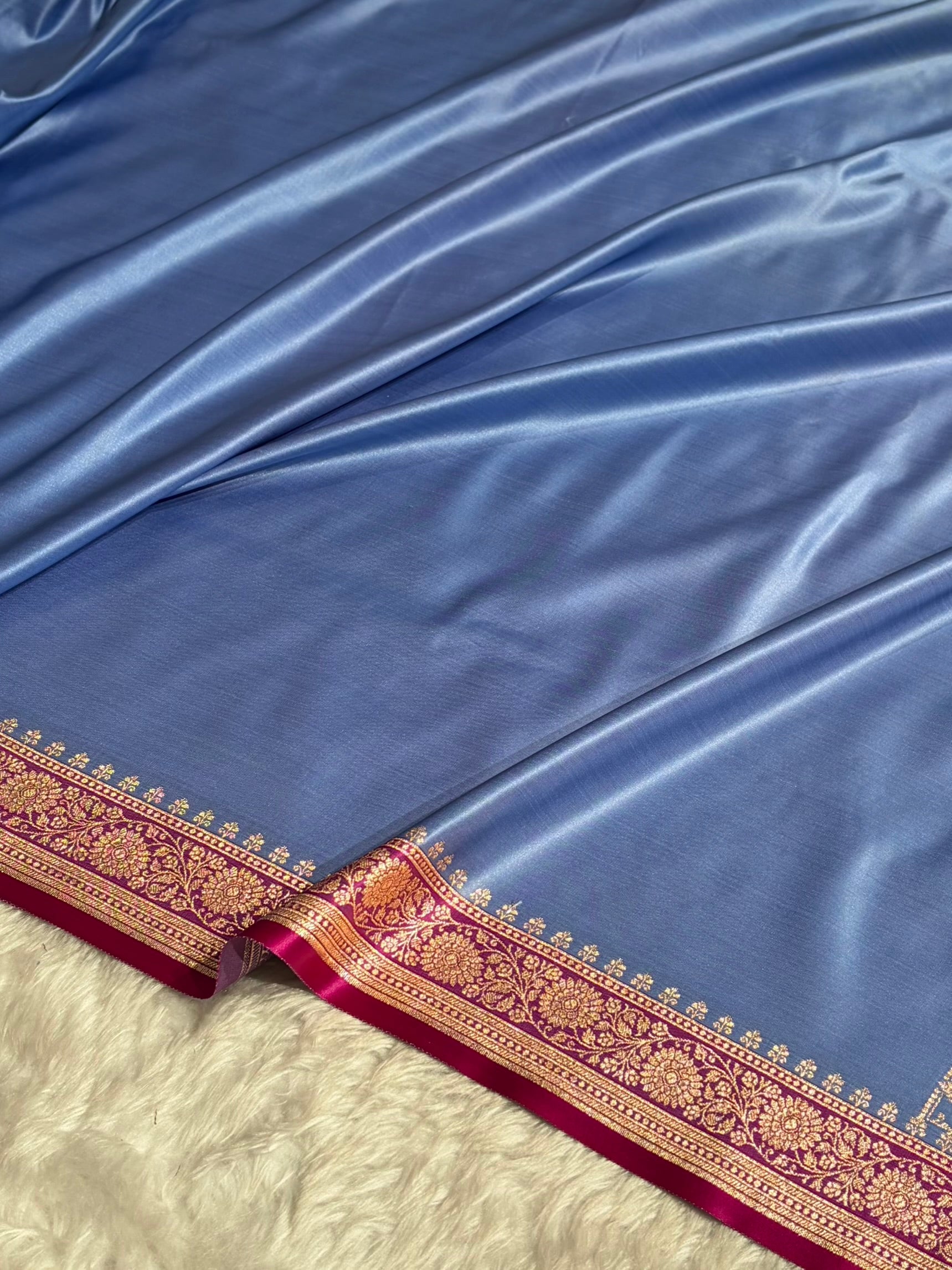 Banarasi Satin Katan Saree in Contrast Sky Blue and Rani Shades SK131