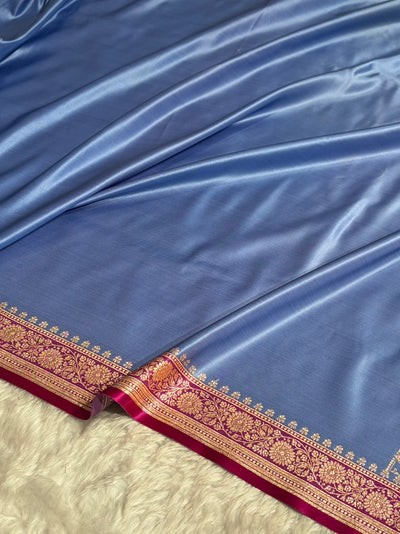 Banarasi Satin Katan Saree in Contrast Sky Blue and Rani Shades SK131