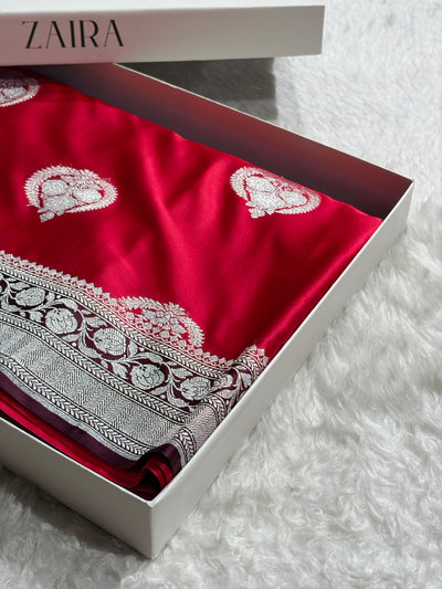 Contrast Red With Wine Minakari Boota Mashru Silk Saree MCS35