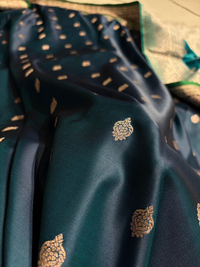 Banarasi Peacock With Contrast Black Floral Border Mashru Silk Saree MSM-101