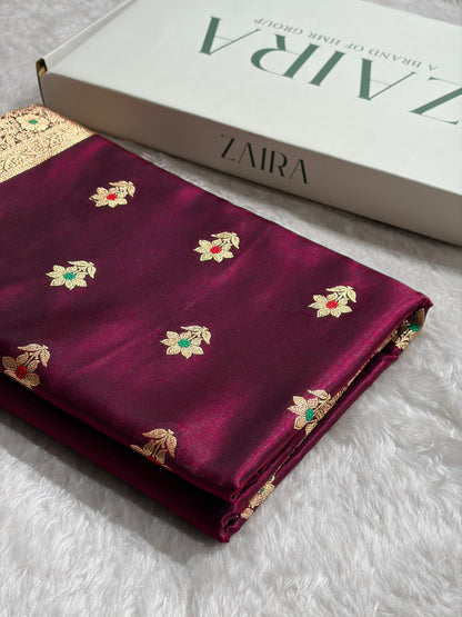 Wine Shades Minakari Boota Pattern Banarasi Satin Silk Saree SS44