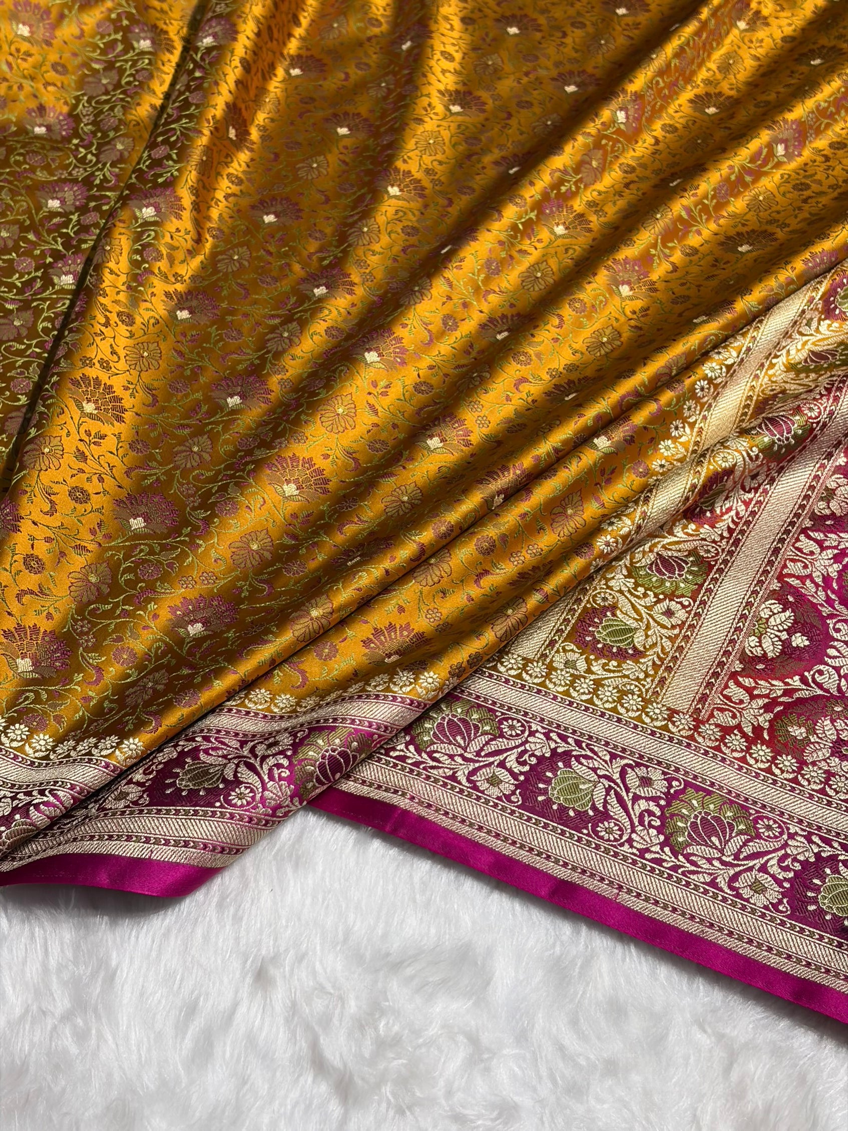 Mustard - Rani Contrast Jamawar Tanchoi Jaal Katan Silk Saree SKTM-18