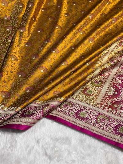 Mustard - Rani Contrast Jamawar Tanchoi Jaal Katan Silk Saree SKTM-18