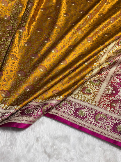 Mustard - Rani Contrast Jamawar Tanchoi Jaal Katan Silk Saree SKTM-18