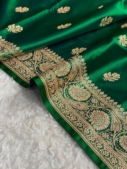 Cross Green Floral Boota Pattern Satin Katan Silk Saree SK71