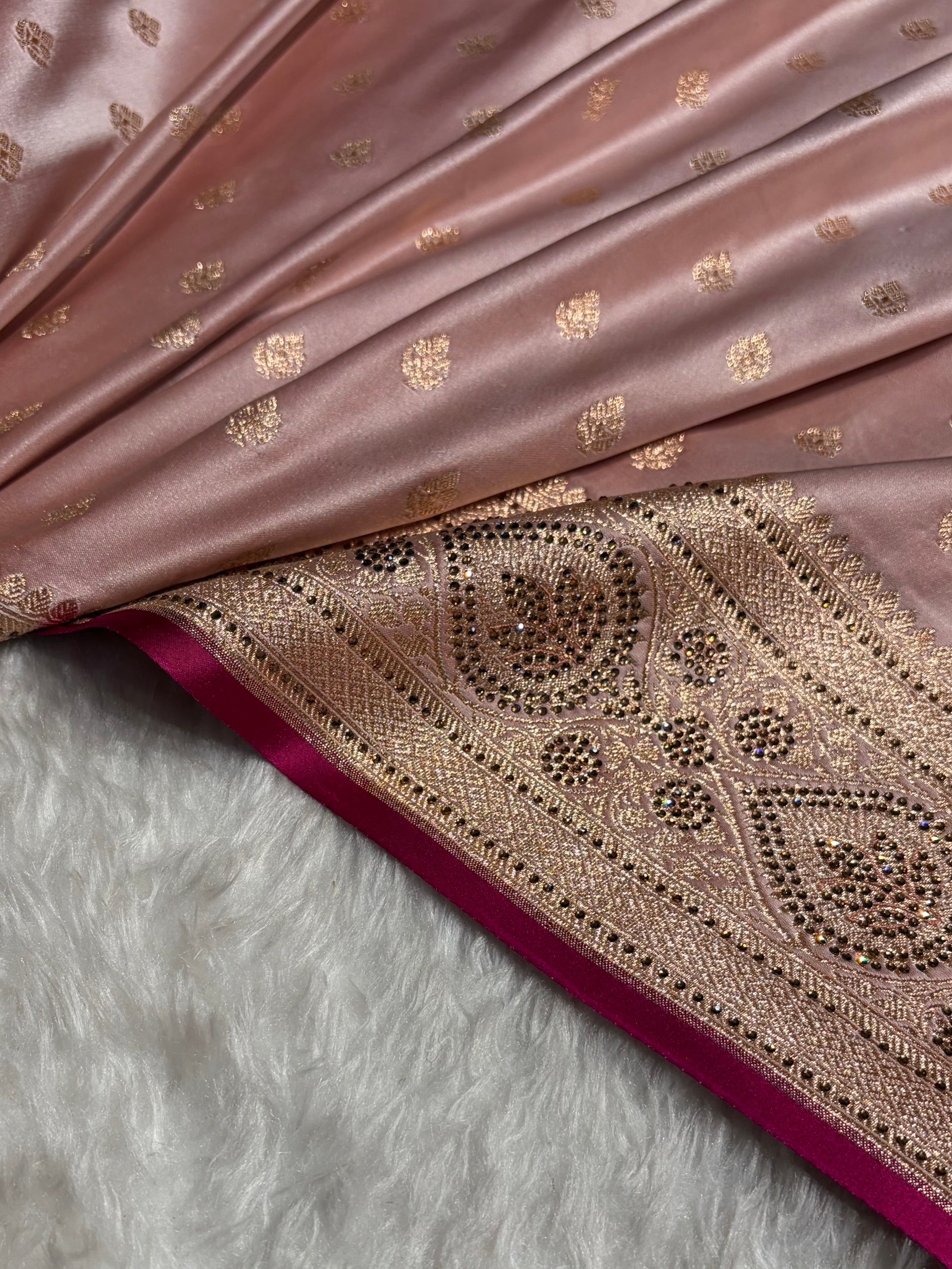 Rose Gold Swarovski Work Booti Satin Katan Silk Saree BSK10 (W)