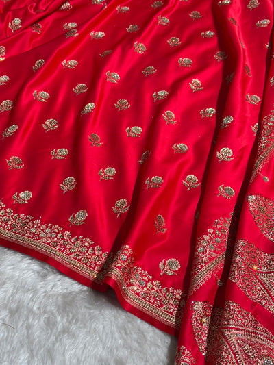 Banarasi Cross Red Floral Booti With Swarovski Work Katan Silk Saree BSK23