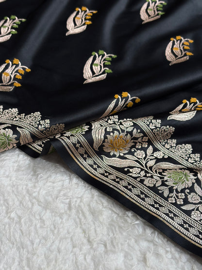 Black Shades Banarasi Boota Pattern Minakari Floral Mashru Silk Saree MSM-121