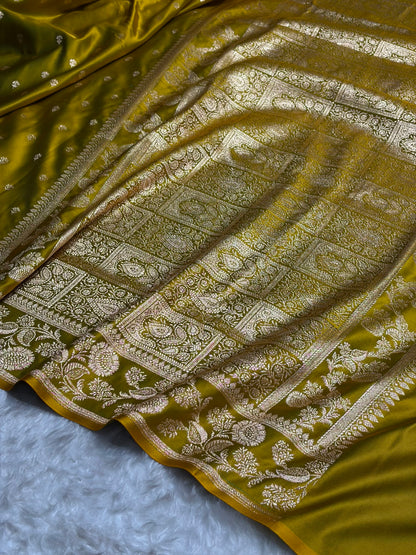 Mehendi Shades Floral Pattern Satin Katan Silk Saree SK77