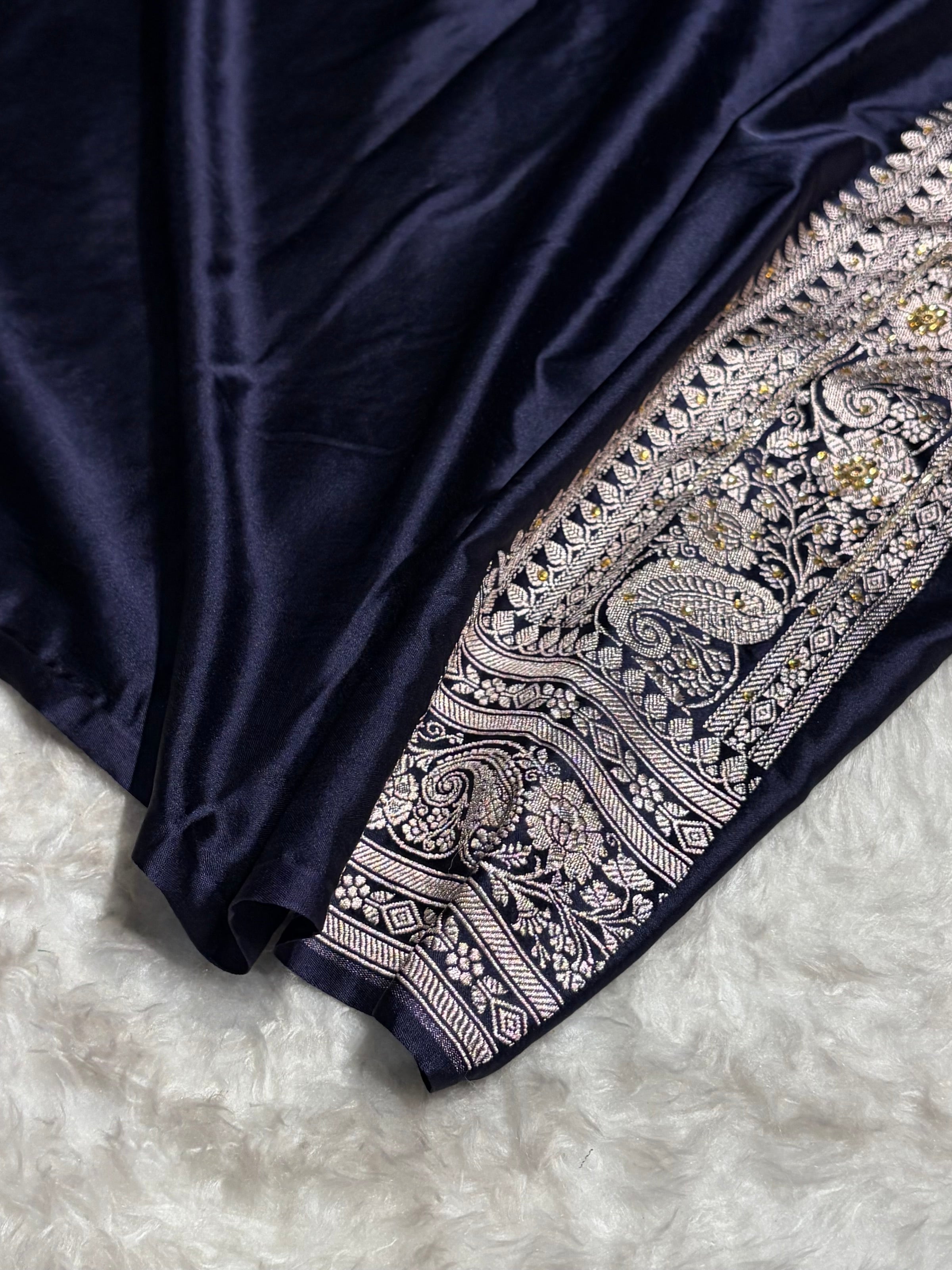 Banarasi Navy Blue Shades Jaal Mashru Silk Saree With Ari Stone Work BMS44