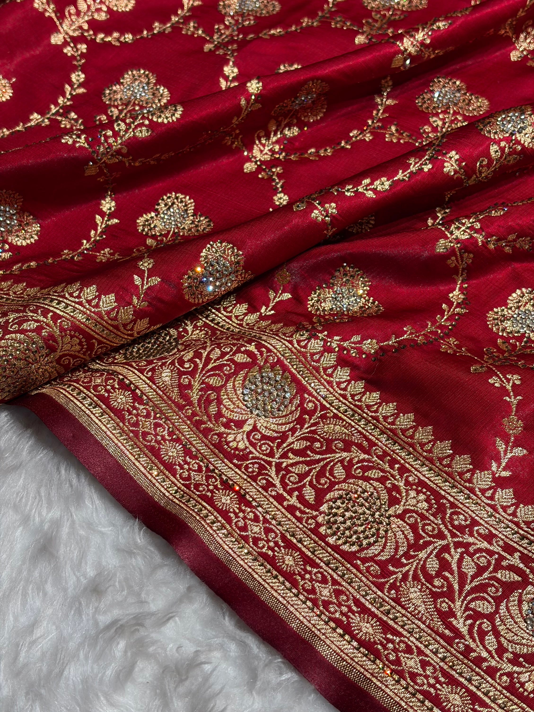 Satin Silk Saree Banarasi Swarovski Work Jaal in Maroon Shades BSS23 (R)