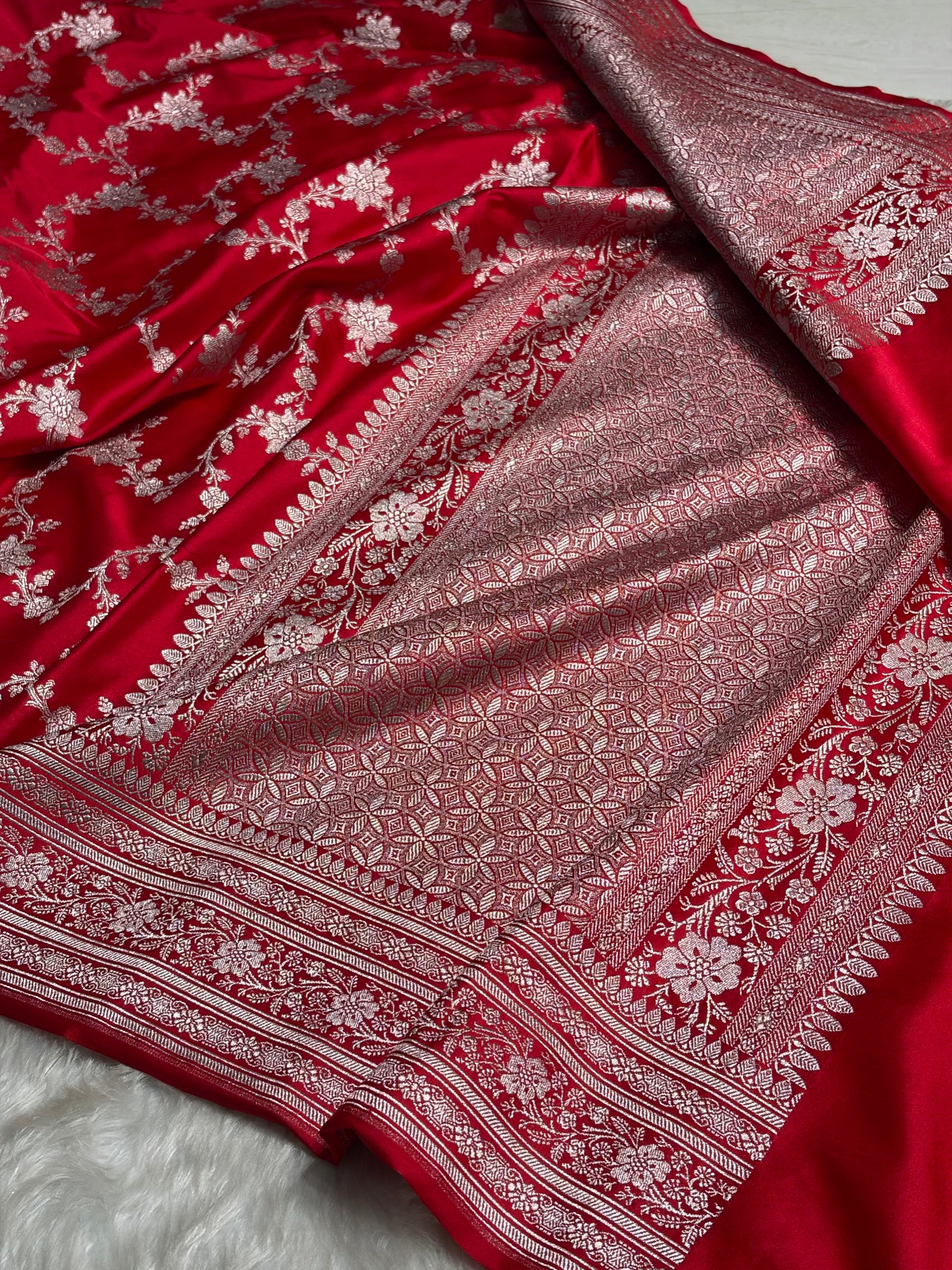 Ruby Red Floral Jaal Mashru Silk Saree MS07