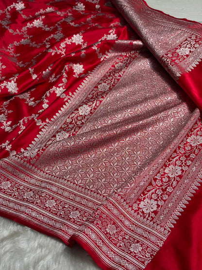 Ruby Red Floral Jaal Mashru Silk Saree MS07