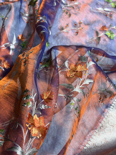 Rustic Purple Shades With Floral Embroidered Pure Tissue Silk Saree with Brocade Blouse PTE-09