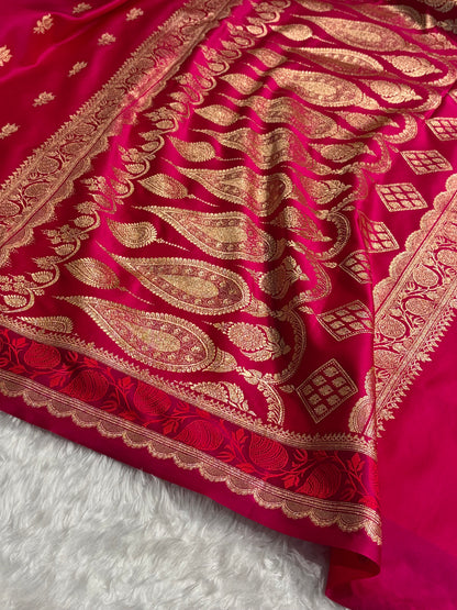 Banarasi Satin Katan Saree Booti Pattern in Cross Rani Shades SK139