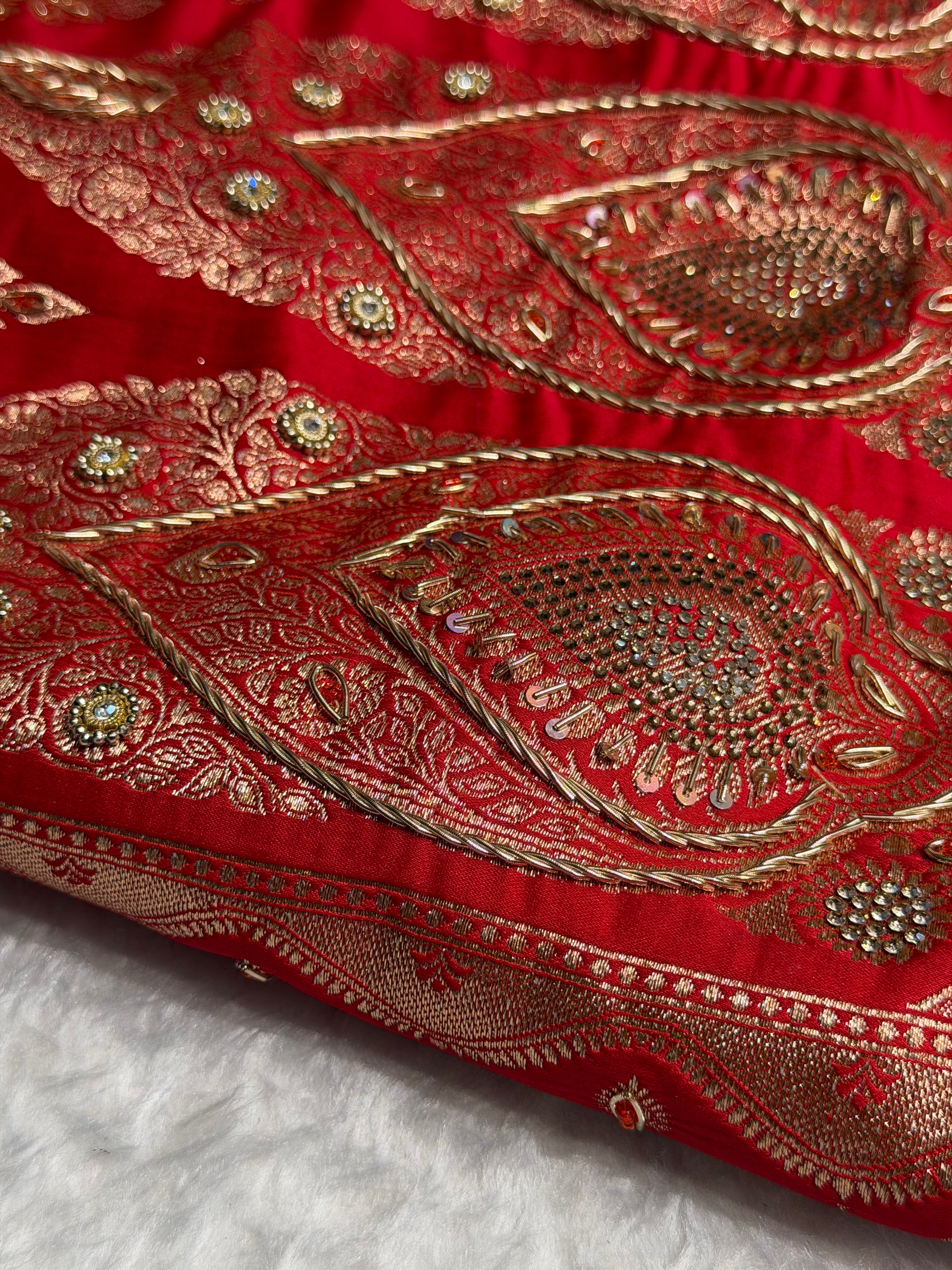 Lavender Red Contrast Booti With Ari & Zardozi Work Satin Katan Silk saree BSK29