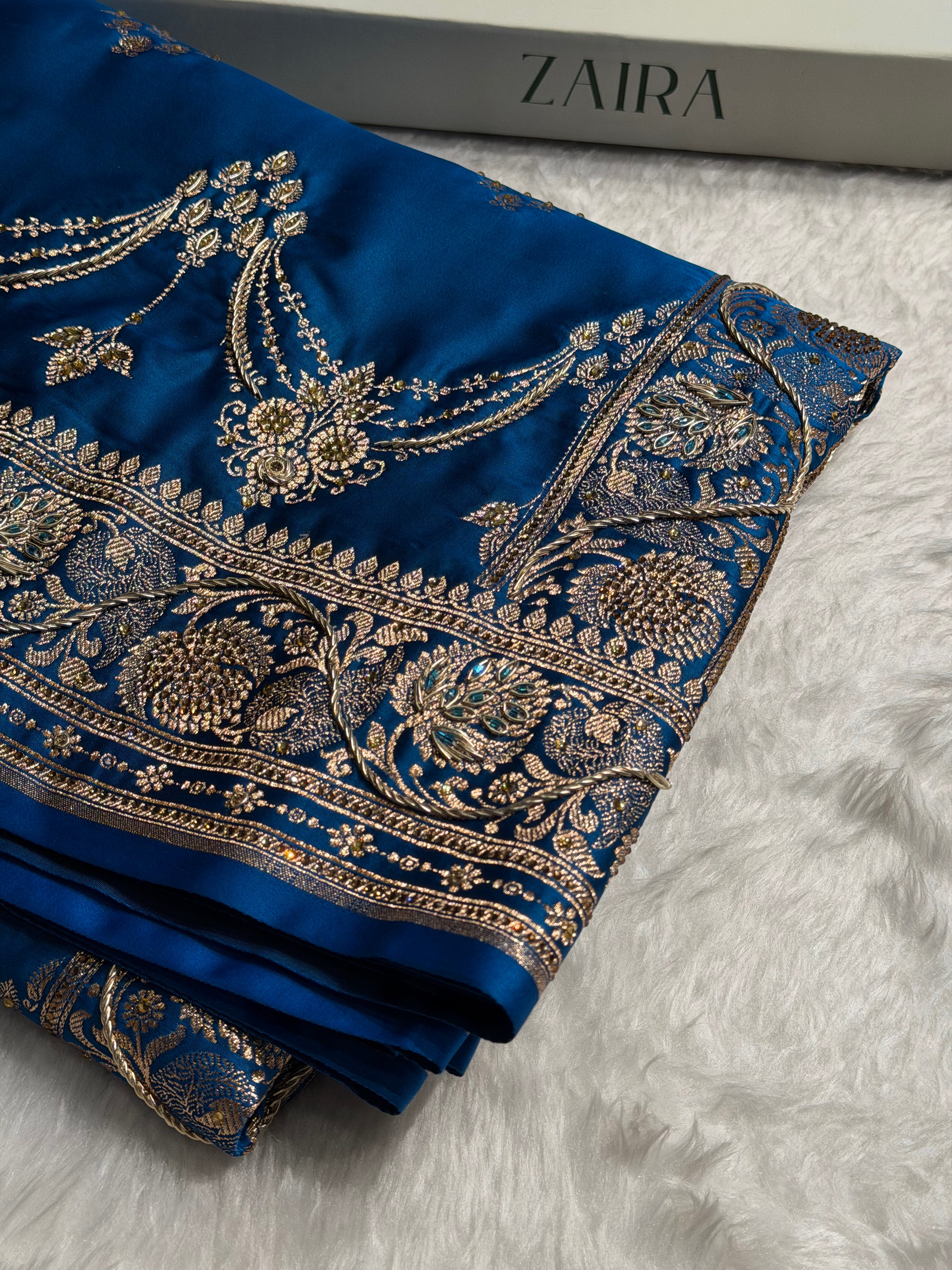 Cross Blue Floral Boota Pattern With Zardozi Stone Work Satin Katan Silk saree BSK34